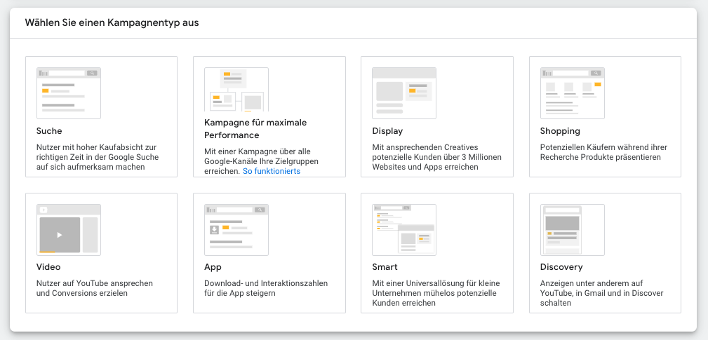 Google bietet viele unterschiedliche Kampagnentypen an